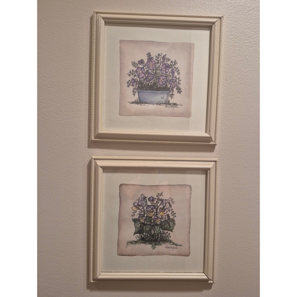 Mary Hughes Floral Bouquets Framed Art Set 2 Violets Mixed Pansies Litho 1998